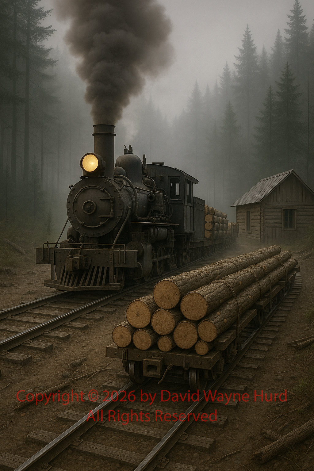 Image generated of a logging railroad camp.