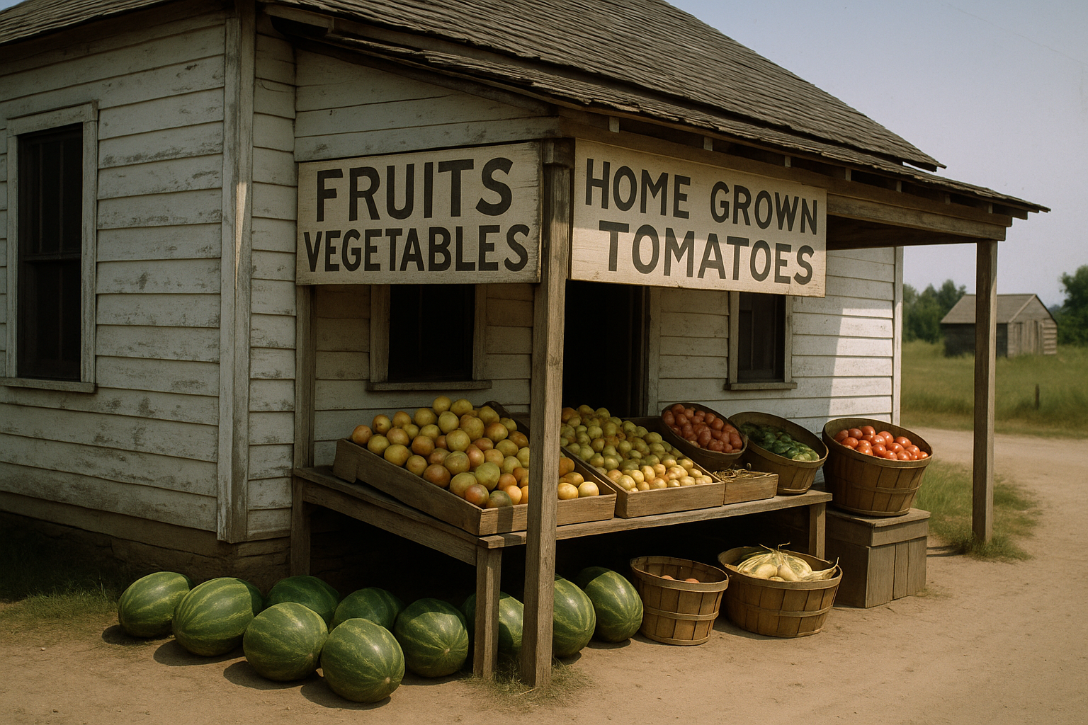 Image generated of a semi-enclosed 1940's vegetable stand