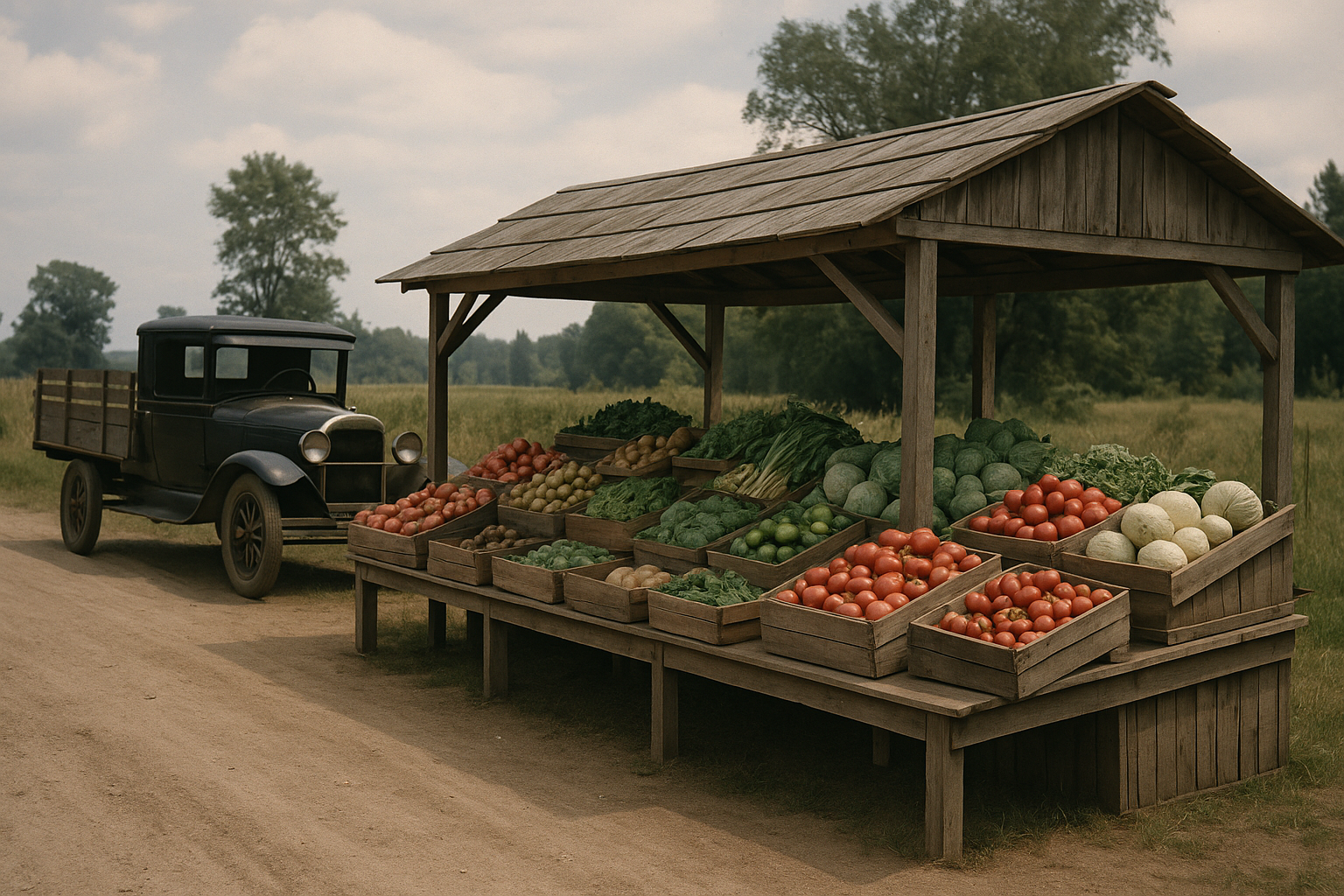 Image generated of an open-air 1940's vegetable stand