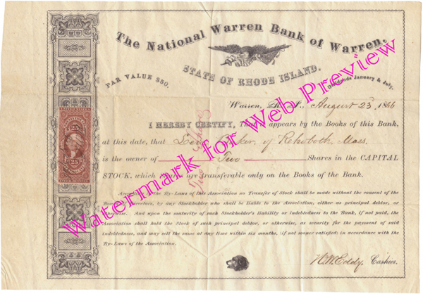 1866 Stock Certificate for National Warren Bank of Warren