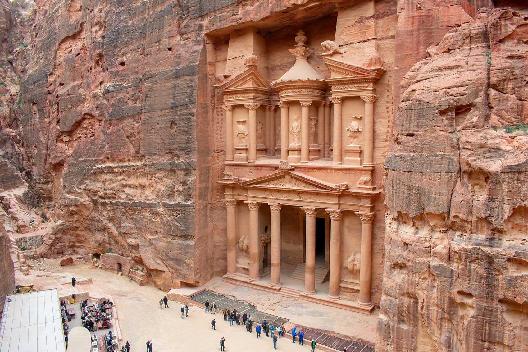 Al-Khazneh, the Treasury, carved into the sandstone cliffs at Petra, Jordan