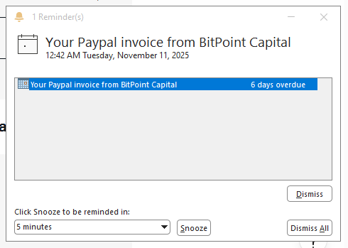 Screenshot of Scam BitPoint Capital Reminder in Outlook Calendar