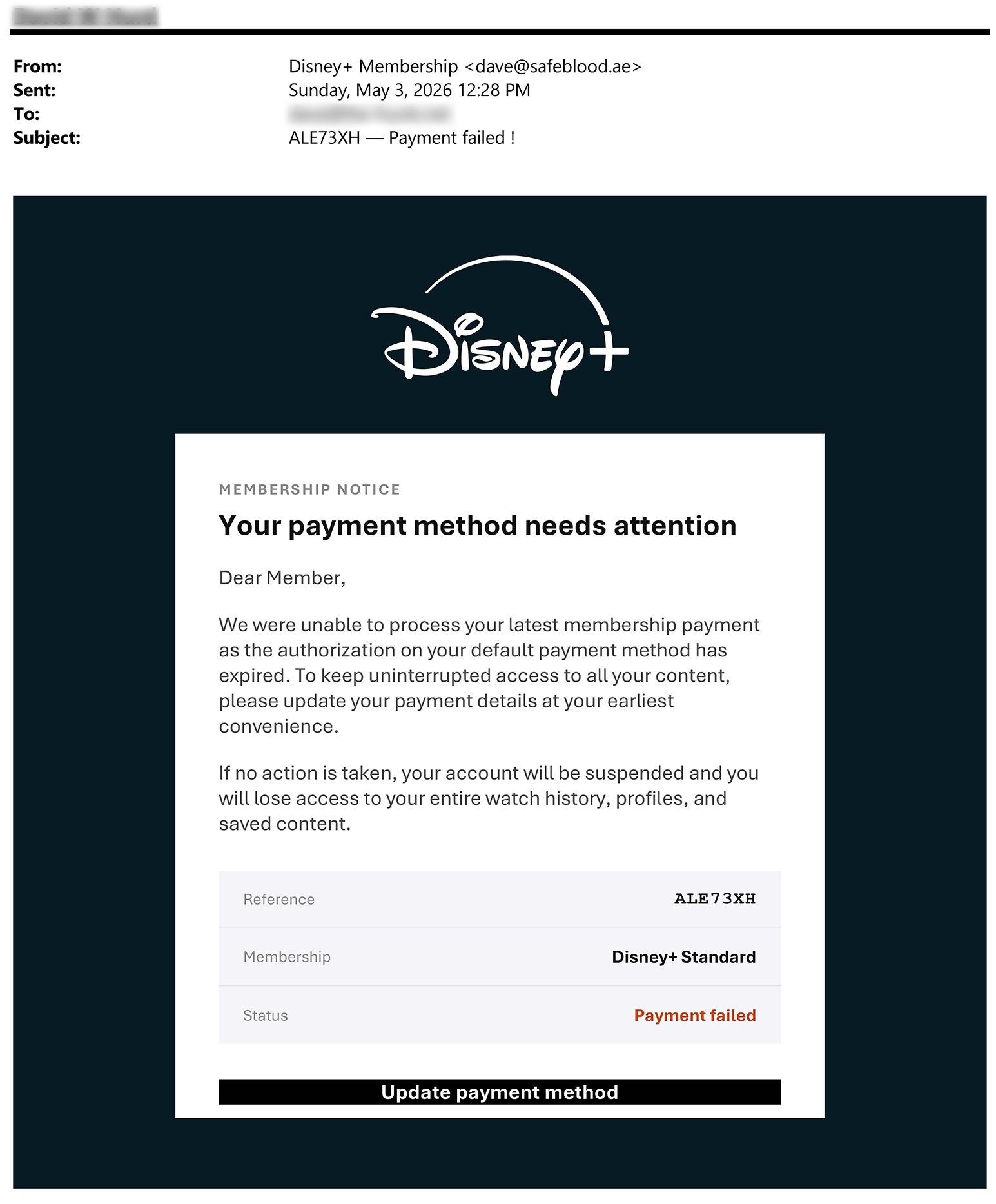 Screenshot of page 1 of the Disney Plus payment failed phishing email