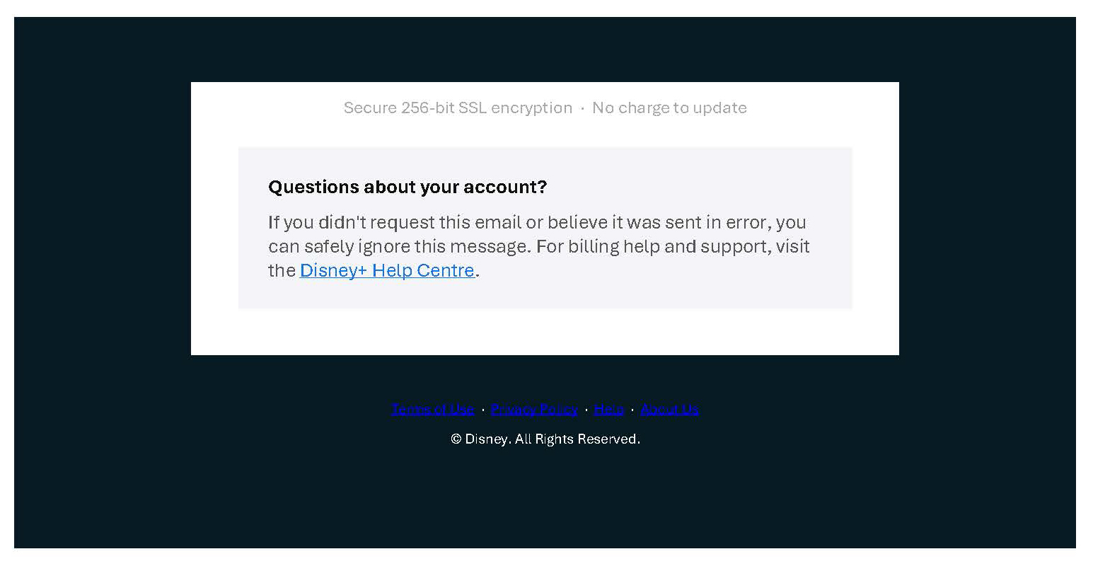 Screenshot of page 2 of the Disney Plus payment failed phishing email